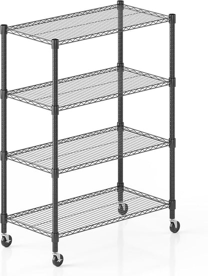 Homdox Heavy Duty Metal Shelves for Storage, 4 Tier Storage Racks and Shelving, Commercial Adjustable Wire Shelving Unit on Wheels, Garage Rack Pantry Shelves Kitchen Shelving, 18"x36"x72", Black