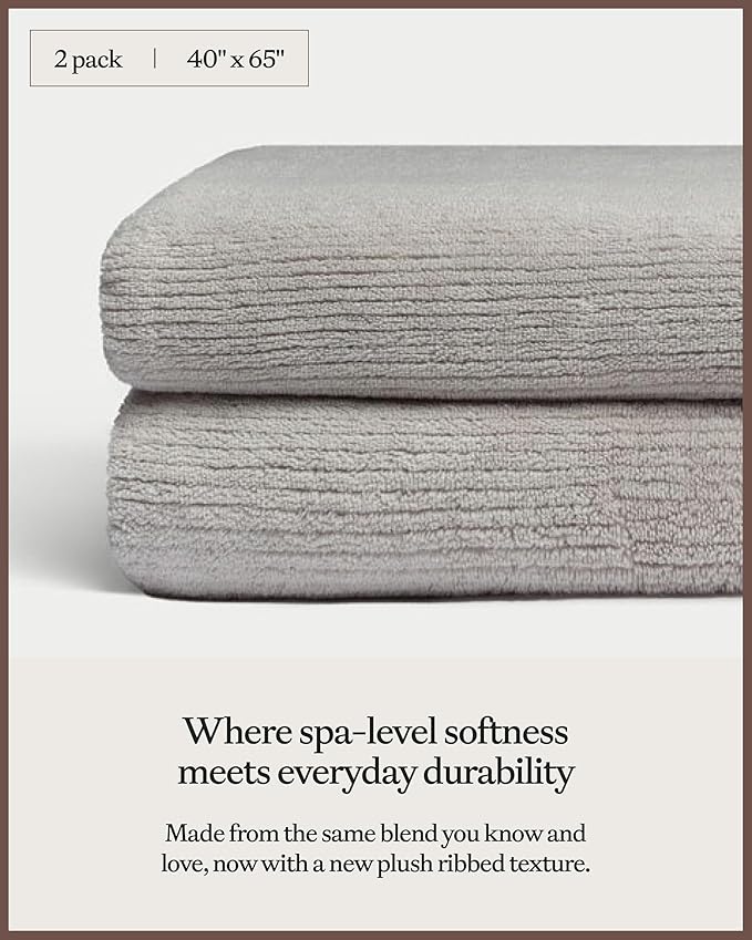 Cozy Earth Ribbed Bath Sheet Set - 60% Cotton 40% Viscose from Bamboo Bath Sheets - Soft & Absorbent Textured Ribbed Pattern - 2 Pack Light Grey