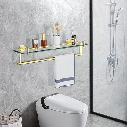 Towel Rack with Tempered Glass Shelf for Bathroom 20 Inch, Brushed Gold Floating Wall Mount Storage