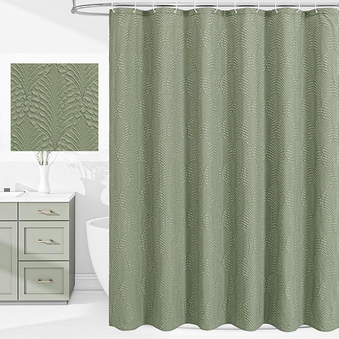 Gibelle Sage Green Shower Curtain for Bathroom, 3D Embossed Textured Fabric Shower Curtain, Modern Farmhouse Chic Soft Cloth Shower Curtain Set with Hooks, 72x72