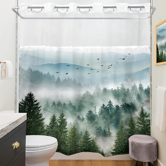 No Hook Green Shower Curtain with Snap in Fabric Liner，72Wx72H Inch Nature Mountain，Hookless Double Layer Shower Curtain and Liner Set，Pine Tree Scenery Waterproof Cloth Shower Curtains Washable