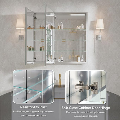 WELLFOR 32" x 30" Rectangle Medicine Cabinet Mirror, Surface Mount or Recessed Medicine Cabinet with Tempered Mirror, Anodized Chrome Aluminum Frame, Bathroom Mirror with Storage