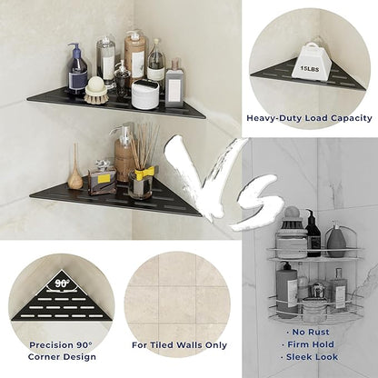 Corner Shower Caddy Shelf, Recessed Built-in Bathroom Storage for Tiled 90° Walls, Matte Black 304 Stainless Steel, Set of 2