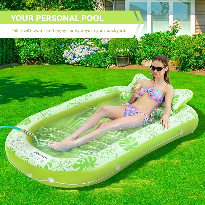 Inflatable Tanning Pool Lounger Float with Cervical Pillow - Pool Floats Adult for Sunbathing, Backyard, Pool Party - Inflate Ball Pit for Babies - Kids Swimming Pool Bed