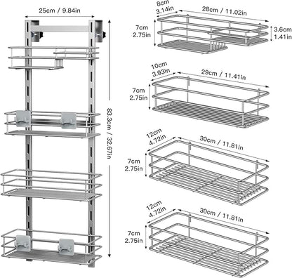 Orimade Shower Caddy Adjustable Height 4 Tier Silver,Bathroom Hanging Over the Door Organizer Shelf Rustproof with 4 Hooks,Shower Basket with Soap Holder and Suction Cup