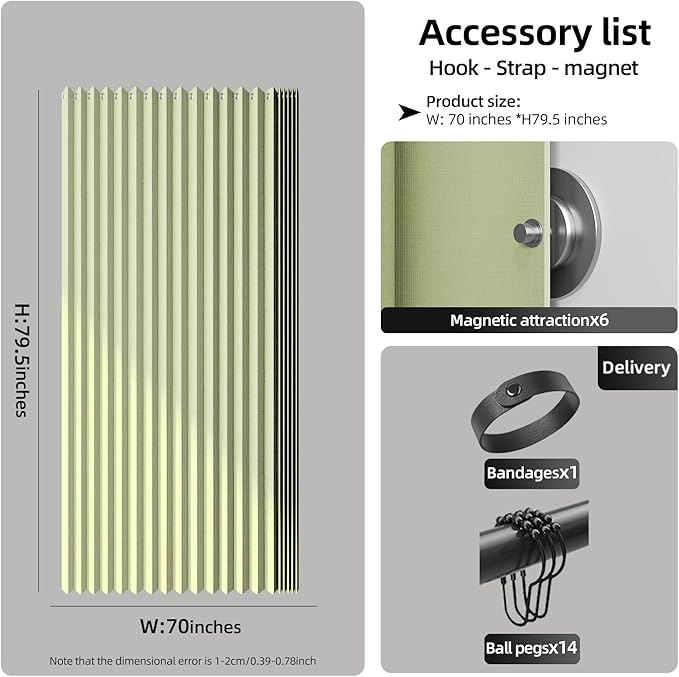 Bathroom Magnetic Folding Shower Curtain, Accordion-Style Shower Curtain, Suitable for Shower Rooms, bathtubs, Hotels or Apartments (Green, W:70*H79.5Inch)