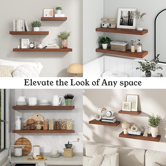 Floating Shelves for Wall, 9.3" Deep Wall Mounted Wood Shelves for Bathroom, Bedroom, Living Room, Kitchen, Hanging Shelf for Books/Storage/Room Decor (Walnut, 40")
