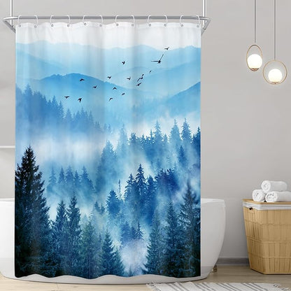 Riyidecor Navy Blue Shower Curtain 48Wx72H Inch,Stall Narrow Rv Small Nature Mountain Woods,Rustic Landscape Scenery Pine Tree Woodland Cool Bathroom Decor Fabric Polyester Waterproof 12 Pack Hooks