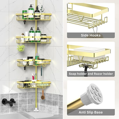 Shower Caddy Tension Pole - Gold Corner Shower Caddy Stainless Steel Bathroom Shower Organizer for Tub Tension Rod Corner Shower Shelves(22-114.2inch)