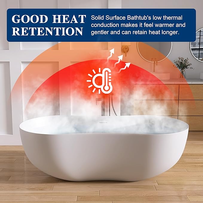67 Inch Stone Resin Freestanding Bathtub, Contemporary Peanut Oval Stand Alone Soaking Tubs, Solid Surface Bathtub with Drain & Integrated Slotted Overflow Matte White AM331-1700