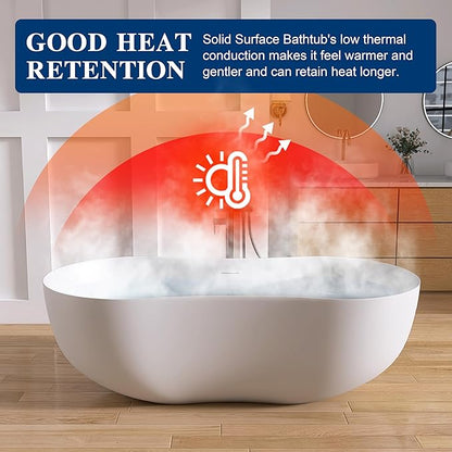 67 Inch Stone Resin Freestanding Bathtub, Contemporary Peanut Oval Stand Alone Soaking Tubs, Solid Surface Bathtub with Drain & Integrated Slotted Overflow Matte White AM331-1700