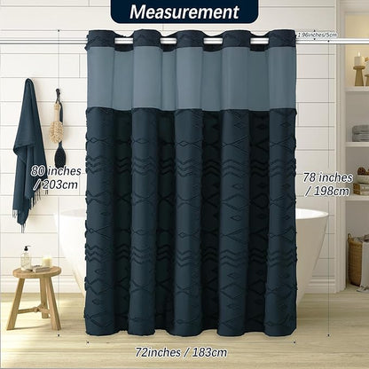 No Hooks Required Boho Farmhouse Shower Curtain Tufted Chevron Striped with Snap in Liner - 72W x 80H, Water Resistant Hotel Grade Spa Like Bathroom Curtain Set, Navy