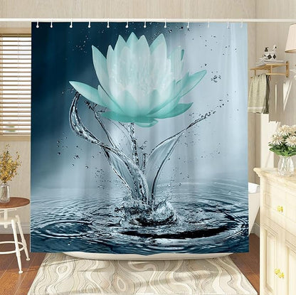 Lotus Shower Curtain Black White Teal Flower Elegant Blooming Floral with Dew Spring Flower Reflection on Water Modern Romantic Polyester Fabric Bathroom Decor 60×70 Inch with Hook