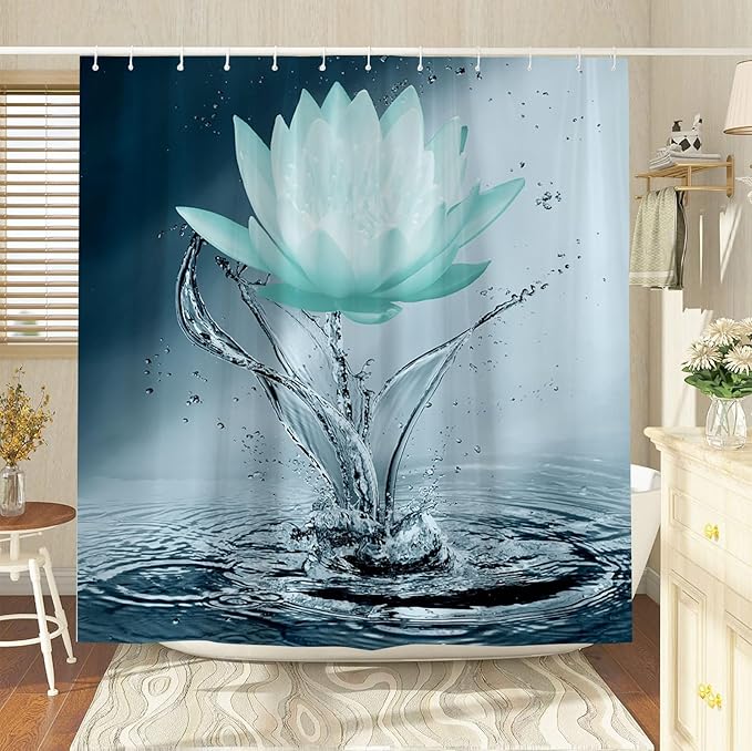 Lotus Shower Curtain Black White Teal Flower Elegant Blooming Floral with Dew Spring Flower Reflection on Water Modern Romantic Polyester Fabric Bathroom Decor 70×70 Inch with Hook