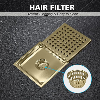 4 Inch Square Shower Drain with Flange, Removeable Grate SUS 304 Stainless Steel Shower Drain with Hair Catcher (Brushed Gold, 4 Inch)