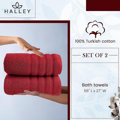 HALLEY Turkish 2 Pack Premium Bath Towels (2 Pieces) 650 GSM Highly Absorbent Super Soft 100% Cotton - 2 Bath Towels (Red)
