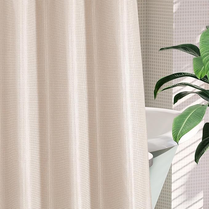 MitoVilla Pink Long Shower Curtain Liner Set 72 x 80, No Hooks Needed 80 inch Long Heavyweight Waffle Fabric Shower Curtain Set with Snap-in Liner for Hotel Grade Spa-Like Bathroom Decor, Blush Pink