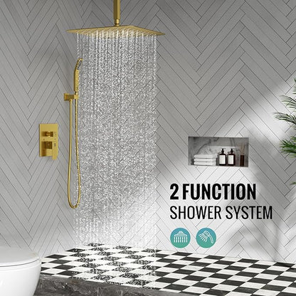 SR SUN RISE 16 Inch Ceiling Mounted Shower System Rain Mixer Shower Combo Set Rainfall Shower Head System Brushed Gold Shower Faucet Rough-in Valve Body and Trim Included