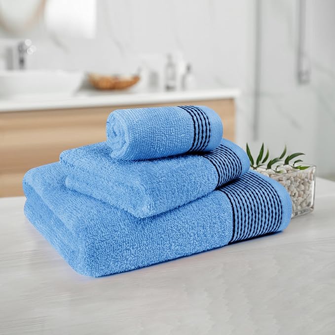 Belizzi Home Ultra Soft 3 Pack Cotton Towel Set, Contains a Bath Towel 28x55 inch, a Hand Towel 16x24 inch & a Wash Coth 12x12 inch, Ideal Everyday use, Compact & Lightweight -Sky Blue