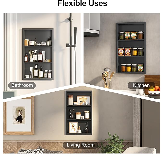 Bathroom Medicine Cabinet Recessed,14x24 Black Shower Niche for Shower Wall,Surface Mount Medicine Cabinet Replacement Shelves,Recessed Wall Niche for Over Toilet Storage/Living Room/Hallway
