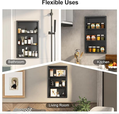 Bathroom Medicine Cabinet Recessed,14x24 Black Shower Niche for Shower Wall,Surface Mount Medicine Cabinet Replacement Shelves,Recessed Wall Niche for Over Toilet Storage/Living Room/Hallway