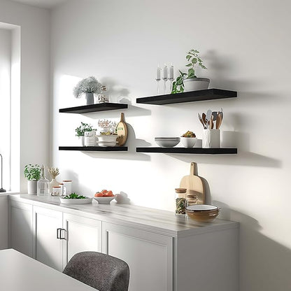 Black Wood Floating Shelves for Wall Rustic Wall Shelves for Bedroom Set of 6