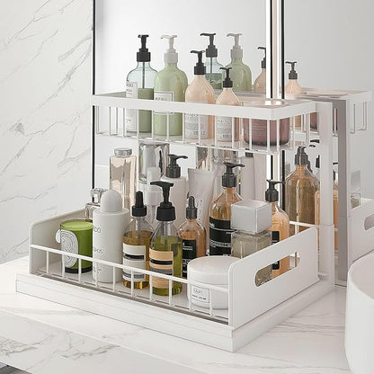 bukfen Under Sink Organizer, Pull Out Cabinet Organizer 2-Tier Slide Out Sliding Shelf Under Cabinet Storage Multi-Use for Under Kitchen Bathroom Sink Organizers and Storage,White,1 Pack
