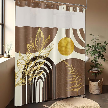 Black and Brown Bohemian See Through Mesh Top Shower Curtain with Window, Dark Tan Mens Double Layer Shower Curtains with Snap in Liner with Magnets, Waterproof Fabric with Hooks, 71x72 in