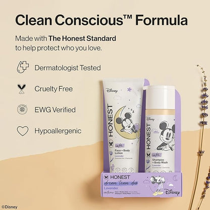 The Honest Company 2-in-1 Cleansing Shampoo and Body Wash Face Lotion Bundle Disney Design Gentle Enough for Baby Dermatologist Tested Calm Lavender 18.5 fl oz