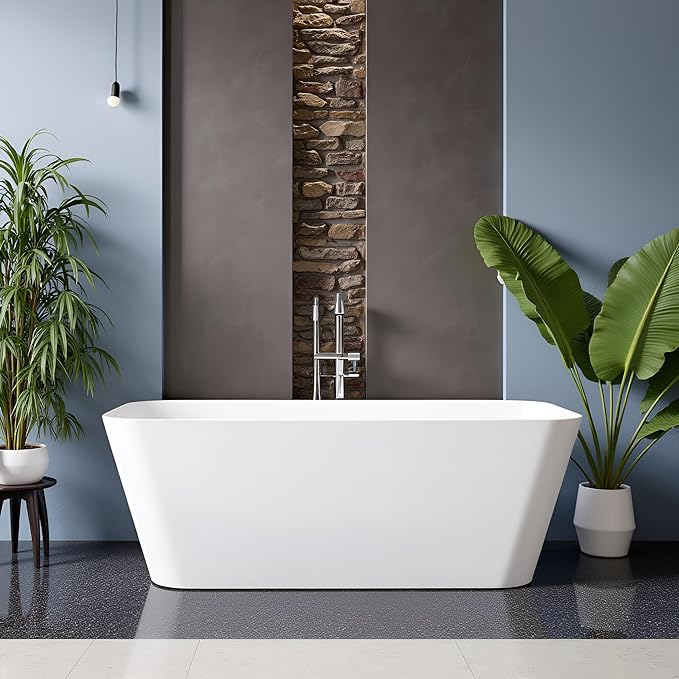 Stone Resin Freestanding Bathtub 67 ", Elegant Oval Shape Soaking Tub, Solid Surface Stand Alone Bathtub with Drain & Integrated Slotted Overflow Matte White AMFS340-1700