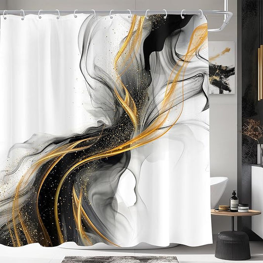 Cinbloo Black and Gold Marble 72Wx72H Shower Curtain Abstract Ink Texture Modern Ombre Grey Golden Minimalist Elegant Luxury Aesthetic Bathroom Curtain Set Neutral Bath Bathroom Accessories Decor