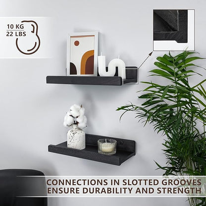 Floating Shelves for Wall 12 inch, Waterproof, Wall Storage Shelves with Lip, Display Picture Ledge Shelf for Living Room Photo Frame, Natural Wood Hanging Book Shelves (Black, Set 2)