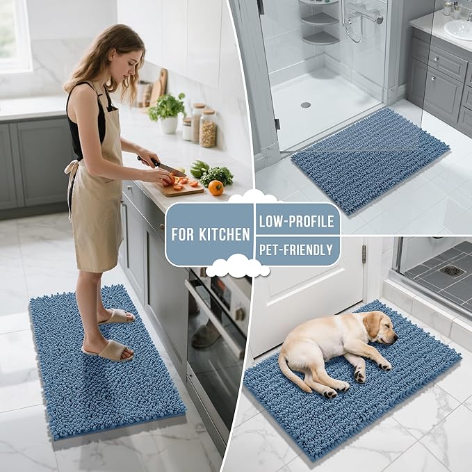 Yimobra Bathroom Rugs Sets 2 Piece - Quick Dry Extra Thick Luxury Chenille Bath Mat, Non Slip Super Absorbent for Tub Shower Sink, Machine Washable Shaggy Floor Mat, 32"x20"+24"x17" Inch, Denim Blue