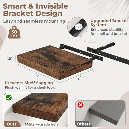 16 Inch Floating Shelves for Wall 2 Pack, 12"D Wood Grain Bathroom Shelves with Invisible Brackets, Easy Install Engineered Wood Storage Shelves for Kitchen, Living Room, Bedroom, Rustic Brown Finish