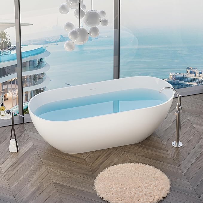 Abruzzo 63" Freestanding Solid Surface Bathtub - Engineered Stone Resin Soaking Tub with Overflow & Pop-Up Drain, cUPC Certified Glossy White, 74-Gallon Capacity Oval Tub for Modern Bathrooms