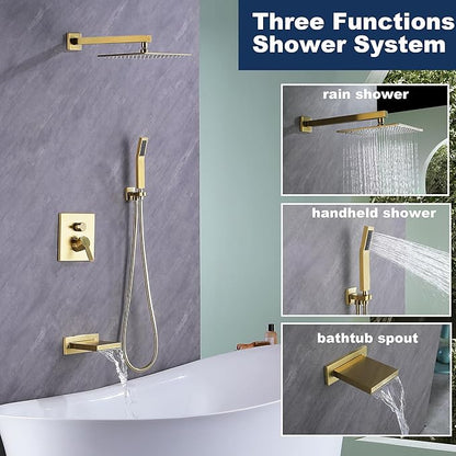 Gold Shower System with Tub Spout, All Metal Bathtub Shower Faucet Set with High Pressure 10 Inch Rain Shower Head and Handheld Shower Head Set, Brushed Gold (Valve Include)