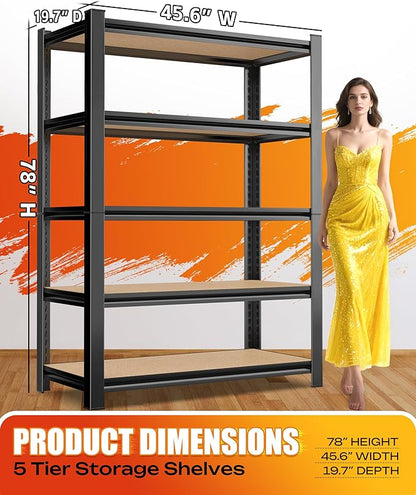 AOARGG Set of 2 Storage Shelves, 2500LBS Heavy Duty Garage Shelving, 5-Tier Metal Shelf, Adjustable Shelving Unit, for Kitchen, Basement, Warehouse, Pantry, 19.7" Dx45.6 Wx78 H, Black