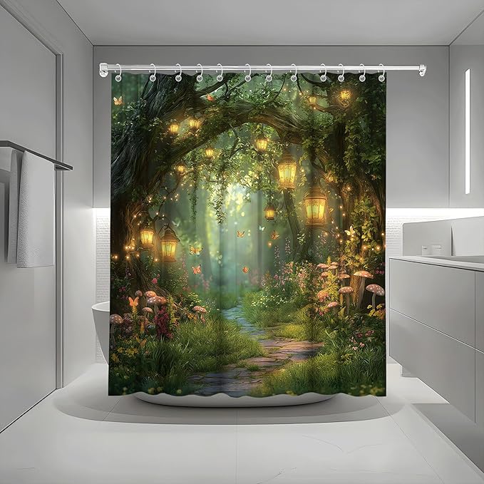 Fantasy Forest Path Shower Curtain Fairy Magical Enchanted Misty Jungle Mushroom Floral Tree Butterfly Lantern Wonderland Plant Bath Curtain Fabric Bathroom Accessories Decor with Hooks 60W x70L
