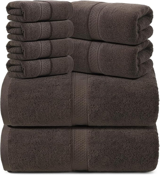 REDKISS Luxury 100% Cotton 8 Piece Bath Towel Sets, 2 Bath Sheets (35x70 in), 2 Hand, 4 Washcloths, Super Absorbent & Quick-Dry Shower Towel for Bathroom Spa Gym Hotel Yoga - Brown