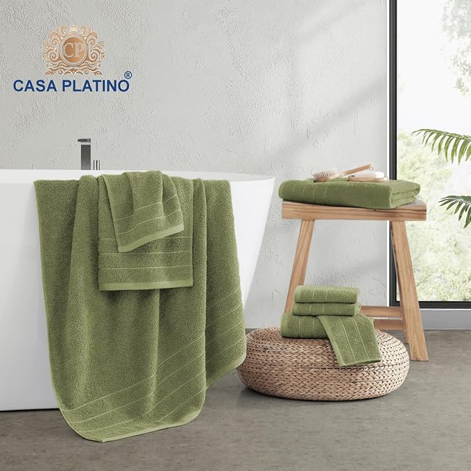 Casa Platino 100% Cotton 8 Piece Bath Towel Set - Ring Spun, Quick Dry, Super Soft & Highly Absorbent - 2 Bath, 4 Washcloths, 2 Bathroom Hand Towels - Hotel Quality Bathroom Towel Set - Oil Green