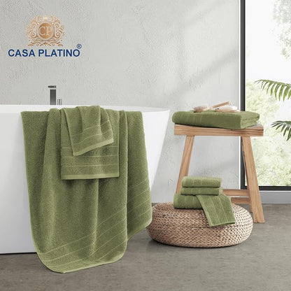 Casa Platino 100% Cotton 8 Piece Bath Towel Set - Ring Spun, Quick Dry, Super Soft & Highly Absorbent - 2 Bath, 4 Washcloths, 2 Bathroom Hand Towels - Hotel Quality Bathroom Towel Set - Oil Green