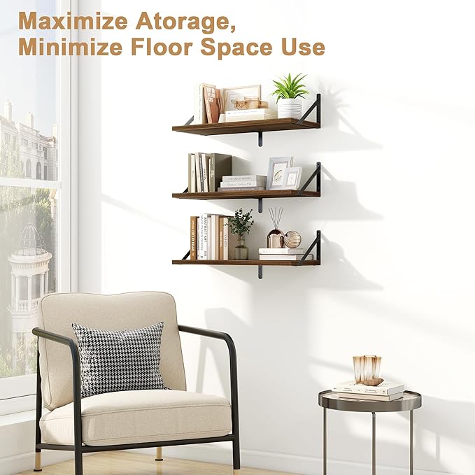 Fun Memories Floating Bookshelves, Set of 3 Wall-Mounted Wood Shelves 24" W x 8" D, Decorative Wall Shelf for Living Room, Bedroom, Bathroom, and Laundry Room (Walnut)