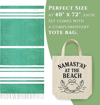 Turkish Cotton Beach Towel Pack of 6 & 1 Boho Tote Bag - Hammam Towels - No Shrink - Quick Dry - Lightweight - Sand Free - Camping - Pool - Tanning - Beach Essentials - Green (40"x70")