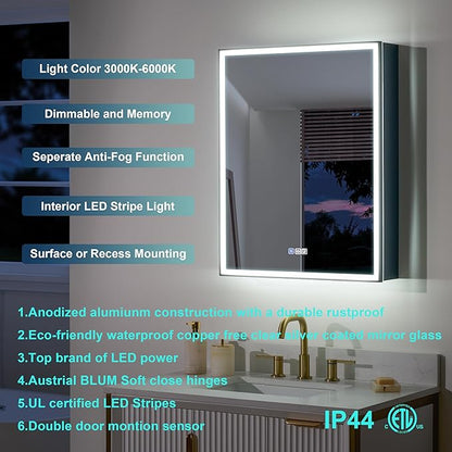 WELLFOR 24" X 30" LED Mirrored Medicine Cabinet, Medicine Cabinets with Lights for Bathroom, Defogging Mirror, Led Medicine Cabinet, Recessed or Surface Mounted, Single Right Opening Door