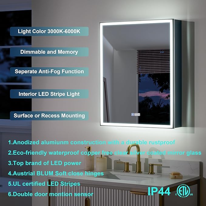 WELLFOR 24" X 30" LED Mirrored Medicine Cabinet, Medicine Cabinets with Lights for Bathroom, Defogging Function Mirror Cabinet, Bathroom Medicine Cabinet with USB Port & Outlet, Left Opening Doors