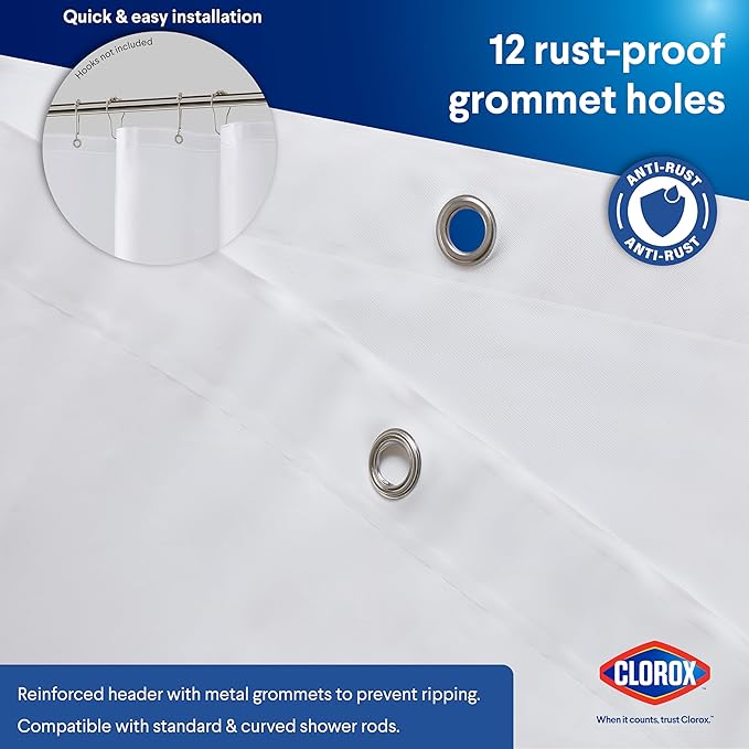 CLOROX Shower Curtain Liner, Premium Lightweight Flexible Waterproof 3g PEVA for Bathroom with Weighted Magnets, Standard Size 70" x 72", White 2 Pack