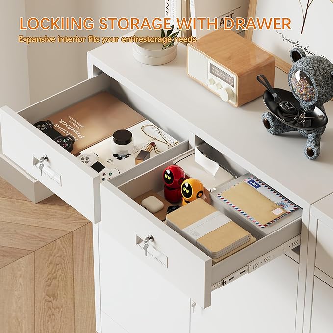 Metal Storage Cabinet, 36 Inch Tall Metal Storage Cabinet with Doors and Shelves, Pantry Cabinets with Drawer for Kitchen Storage, Garage Cabinet for Living, Dining Room, Assemble Required.