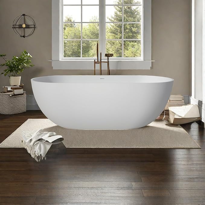 59 Inch Freestanding Bathtub Oval Shaped Solid Surface Resin Stone soaker Freestanding Tubs Matte White Soaking Tub with Overflow and Pop-up Drain (white)307-1500