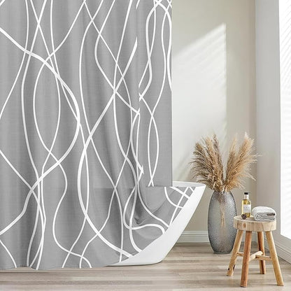 Tititex Morden 140gms Faux Linen Fabric Bath Shower Curtain Set Textured Fabric with Gray White Curve Pattern 72x72 Inch Water Resistant Bathroom Curtains, Weighted Hem & Hooks for Home/Hotel