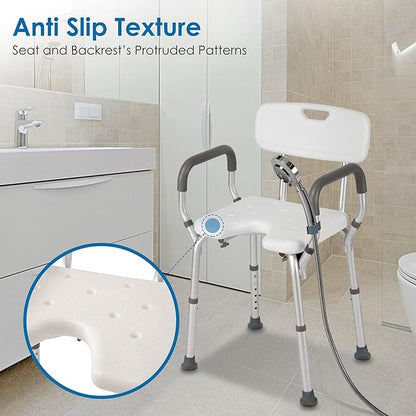 Shower Chair with Arms and Back Heavy Duty 330lbs, Shower Chair for Inside Shower, Shower Seat for Inside Shower Bathroom Chair with Cutout Seat & Cold-Proof Pads, Tools-Free Assembly